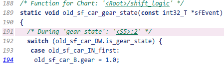 Generated function for the shift_logic chart with the comment for the gear state highlighted.