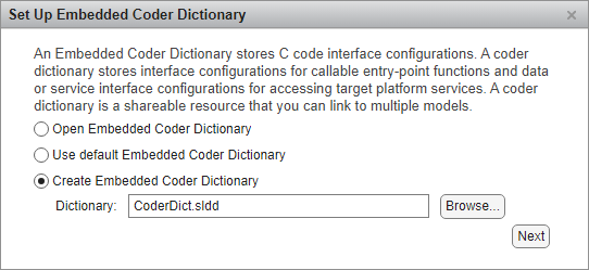 Set Up Embedded Coder Dictionary dialog box.