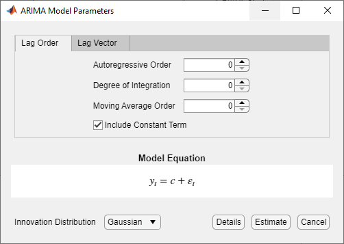 The ARIMA Model Parameters dialog box has the "Lag Order" tab selected. Autoregressive Order, Degree of Integration, and Moving Average Order are all set to zero. The check box next-to "Include Constant Term" is selected. The Model Equation section is at the bottom.