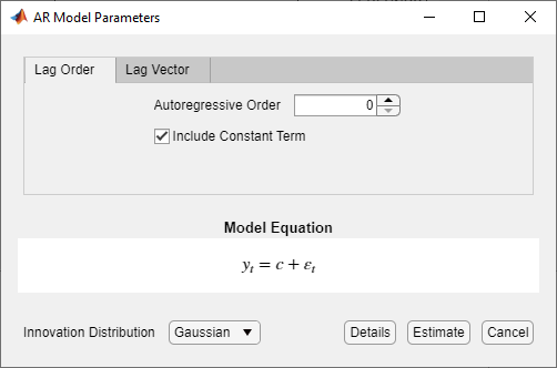 The AR Model Parameters dialog box with the tab "Lag Order" selected, Autoregressive Order set to zero, and the check box next-to "Include Constant Term" selected. The Model Equation section is at the bottom.