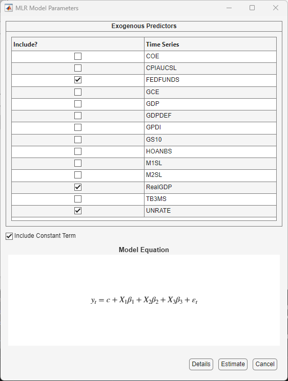 Multiple linear regression predictor selection dialog box with FEDFUNDS, RealGDP, and UNRATE selected. "Details". "Estimate", and "Cancel" buttons are at the bottom right corner of the dialog box.