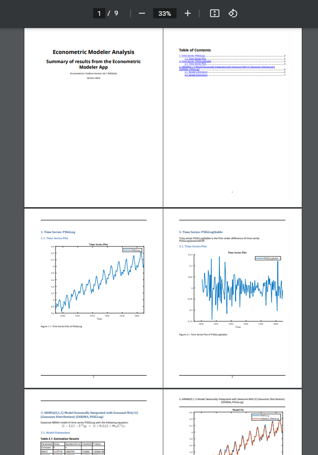 This is a screen shot of the thumbnail images of seven pages in an Econometric Modeler Analysis summary report.