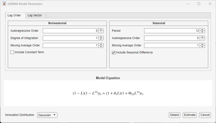 SARIMA Model Parameters dialog box showing parameter settings