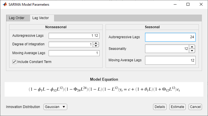 The SARIMA Model Parameters dialog box has the "Lag Vector" tab selected. The Nonseasonal section shows Autoregressive lags set to 1 12, Degree of Integration and Moving Average lags both set to 1, and the check box next-to "Include Constant Term" is selected. The Seasonal section shows Autoregressive Lags set to 24, Seasonality set to 12, and Moving Average Lags set to 12. The Model Equation section is at the bottom.