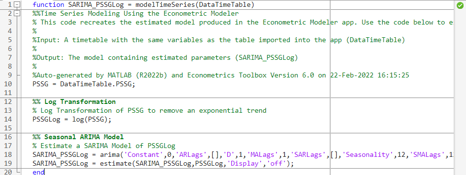 A screen shot of the code for modelTimeSeries using the estimated model SARIMA_PSSGLog