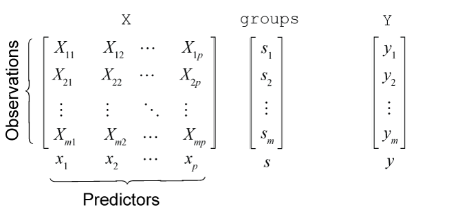 “Schematic diagram showing a longitudinal dataset in long format. On the left, matrix X contains p predictor variables; in the center, a vector s indicates group membership for each observation; on the right, vector Y contains the corresponding outcome values.