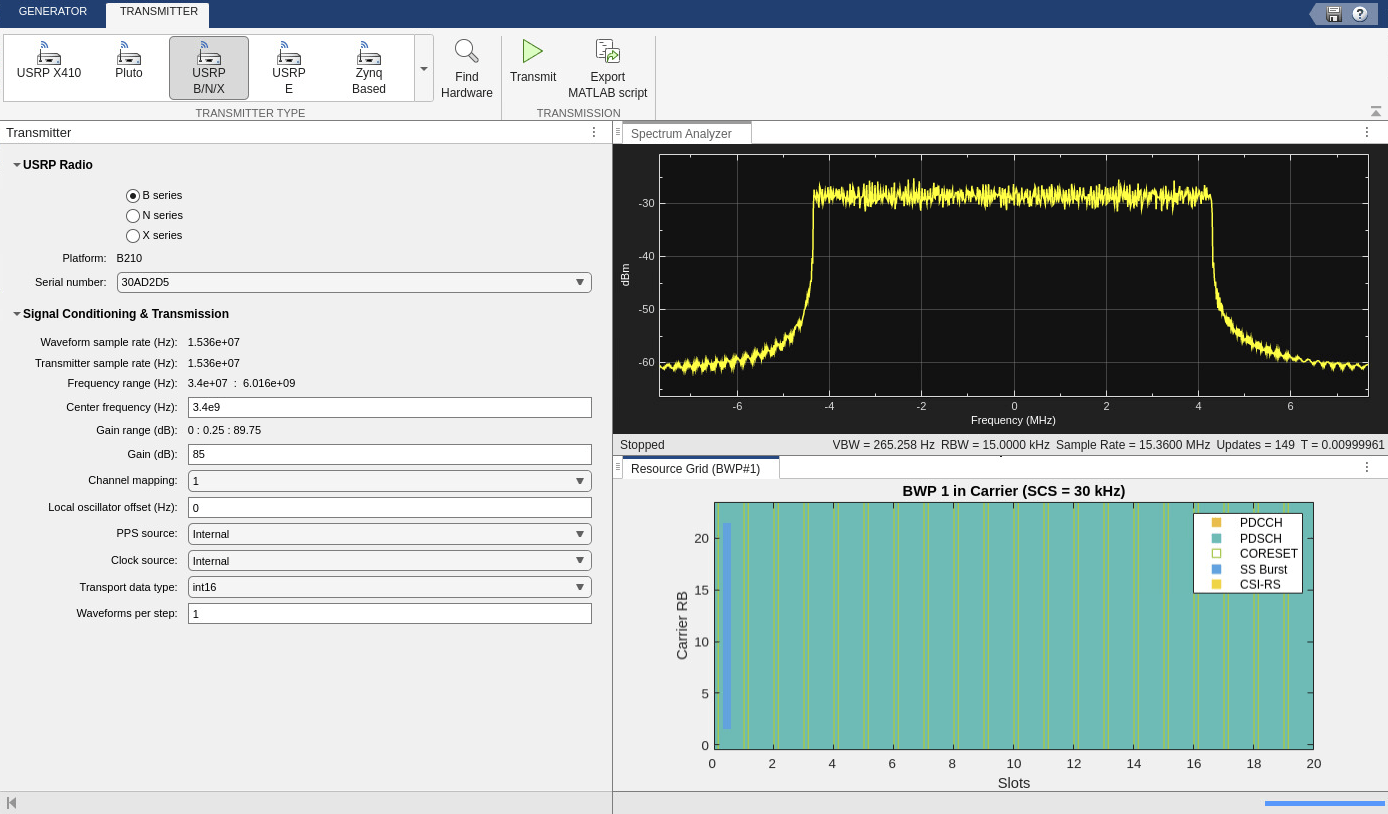 Screenshot of the Wireless Waveform Generator app configured with the specified USRP B/N/X transmitter parameters.