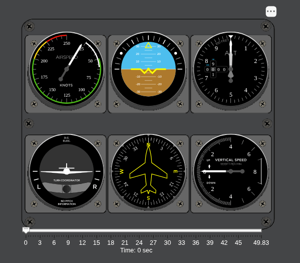 Figure Flight Instruments contains an axes object and other objects of type uiaeroaltimeter, uiaeroheading, uiaeroairspeed, uiaerohorizon, uiaeroclimb, uiaeroturn, uislider, uilabel. The hidden axes object contains an object of type image.