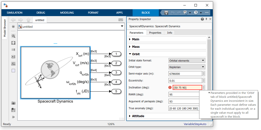 Spacecraft Dynamics block icon showing expansion for six satellites. Property inspector displays parameter settings. Inclination marks invalid inclination value of [50 75 90]