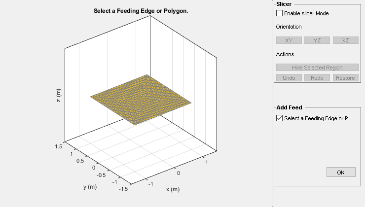 Figure Create Feed contains an axes object and other objects of type uipanel. The axes object with title Select a Feeding Edge or Polygon., xlabel x (m), ylabel y (m) is empty.