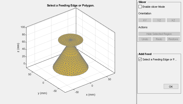 Figure Create Feed contains an axes object and other objects of type uipanel. The axes object with title Select a Feeding Edge or Polygon., xlabel x (mm), ylabel y (mm) is empty.