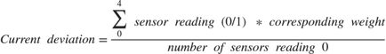 $$ Current\ deviation = \frac{\sum_0^4\ sensor\ reading\ (0/1)\ *\
corresponding\ weight}{number\ of\ sensors\ reading\ 0} $$