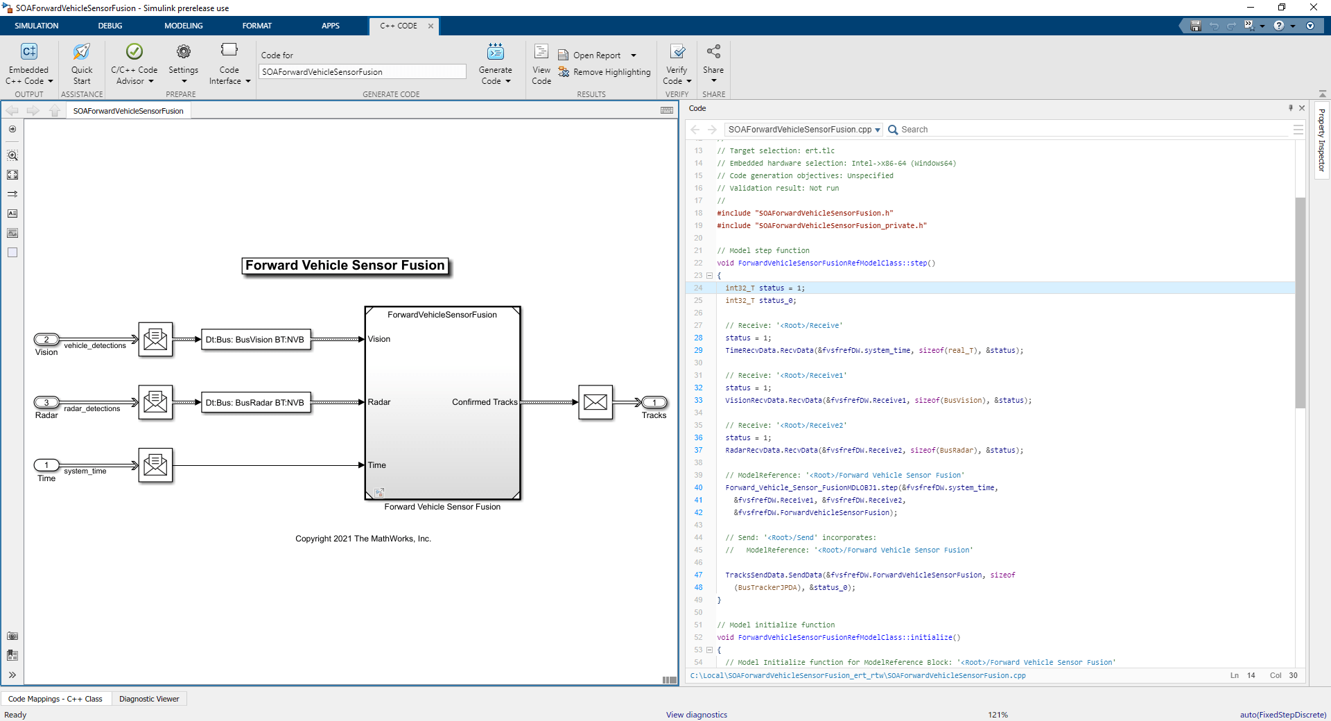 Generate C++ Message Interfaces for Lane Following Controls and Sensor Fusion