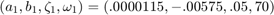 $$ (a_1,b_1,\zeta_1,\omega_1) = (.0000115,-.00575,.05,70) $$