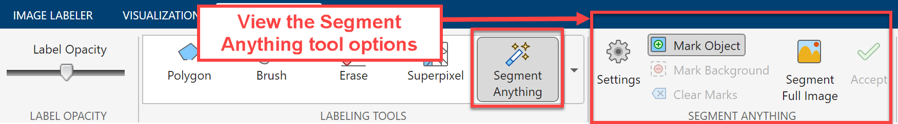 After you select Segment Anything, the toolstrip adds a Segment Anything section with segmentation options.