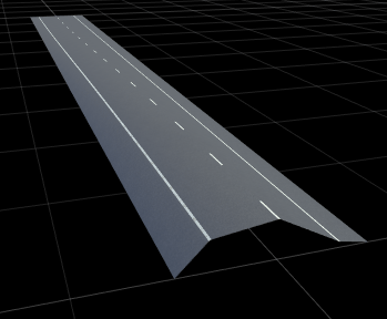 RoadRunner scene with four-lane road having non-uniform height variations across its cross-section.