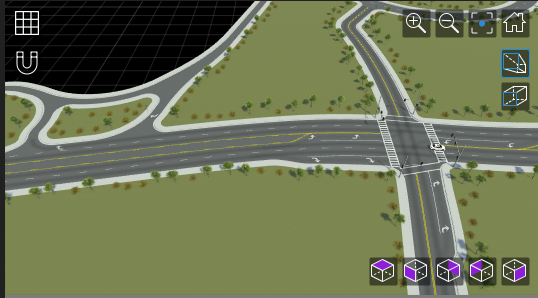 Sedan resumes motion after the traffic signal turns green as seen from an overhead view.