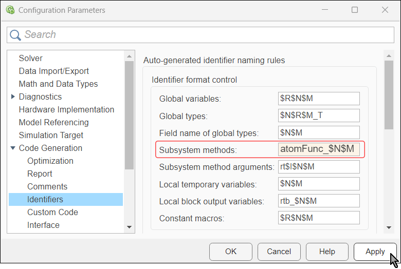 Configuration Parameters dialog box. The Subsystem methods parameter is set to atomFunc_$N$M.