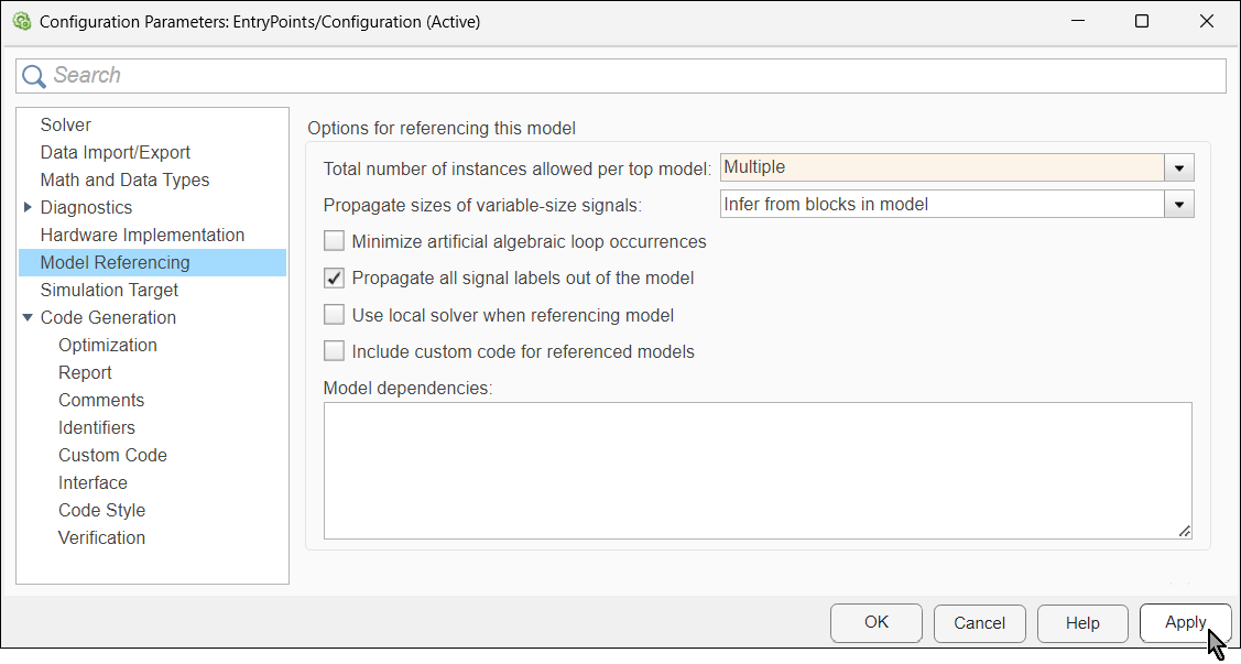 Configuration Parameters dialog box. The value Multiple is selected from the Total number of instances allowed per top model list.