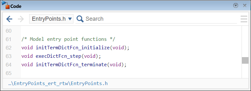 Code pane showing the declaration of the functions initTermDictFcn_initialize, execDictFcn_step, and initTermDictFcn_terminate in the header file EntryPoints.h.
