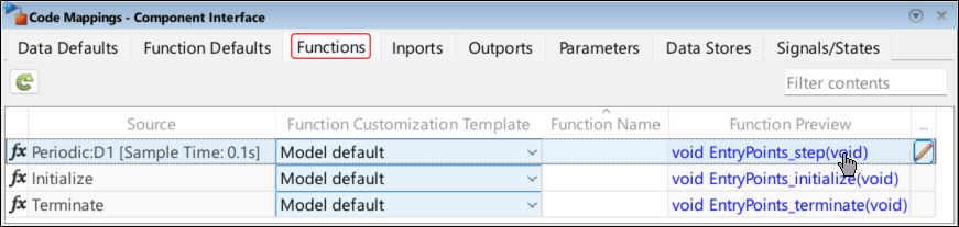 Code Mappings editor open with the Functions tab selected. In the Source column, the entry Periodic:D1 is highlighted, and the mouse cursor is clicking the Function Preview content of that entry.