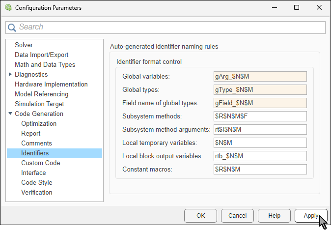Configuration Parameters dialog box. The parameters Global variables, Global types, and Field name of global types are being edited with the values gArg_$N$M, gType_$N$M, and gField_$N$M, respectively.