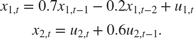 $$\begin{array}{l}
{x_{1,t}} = 0.7{x_{1,t - 1}} - 0.2{x_{1,t - 2}} + {u_{1,t}}\\
{x_{2,t}} = {u_{2,t}} + 0.6{u_{2,t - 1}}.
\end{array}$$