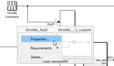 The image shows a portion of the example model, close to the To Controller subsystem. The cursor points to a context menu that displays after you click the fault operations icon in the fault preview window. The cursor points to the Properties option from the menu.