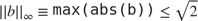 $||b||_\infty \equiv \mbox{\texttt{max(abs(b))}}\leq \sqrt{2}$