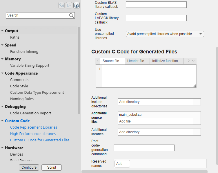 Custom Code pane showing main_sobel.cu specified as an additional source file