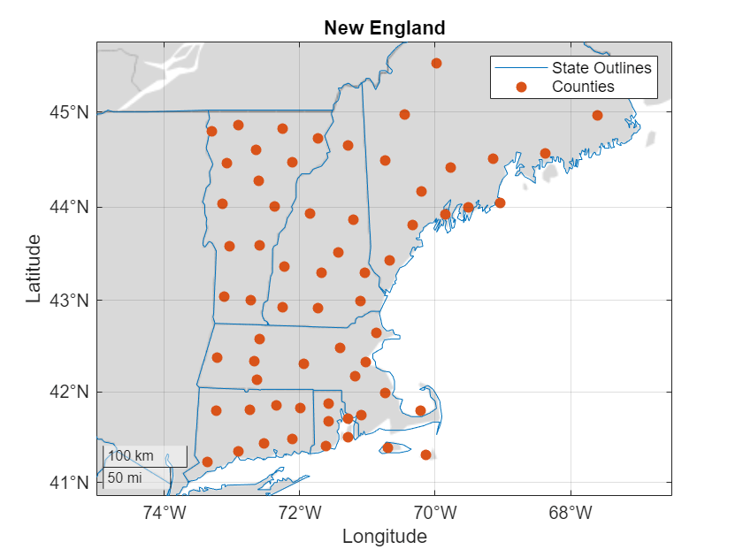 Figure contains an axes object with type geoaxes. The geoaxes object contains 2 objects of type line, scatter. These objects represent State Outlines, Counties.