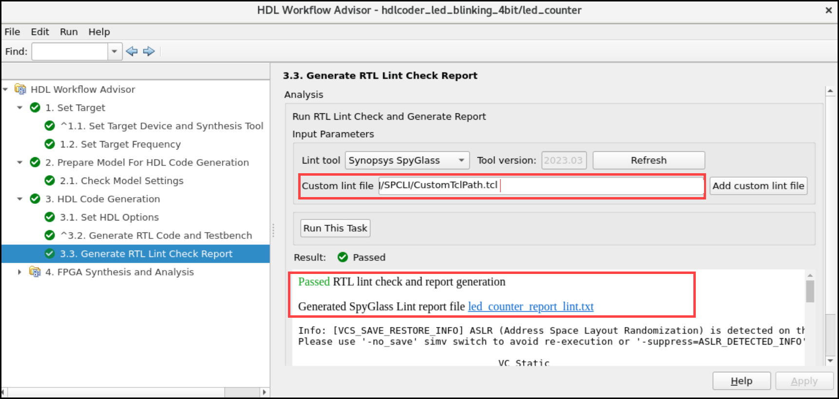 Selecting Custom lint file in HDL Workflow Advisor Task 3.3