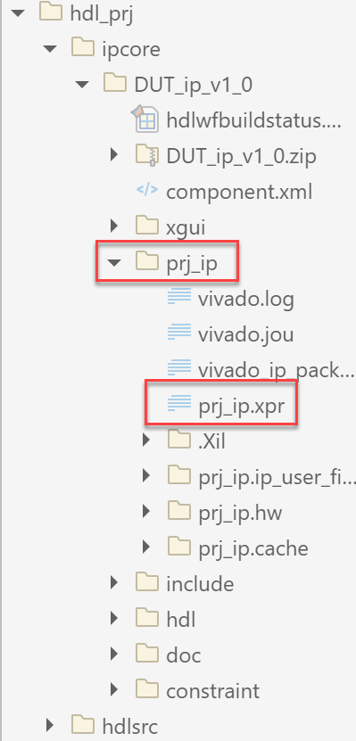 IP core project folder structure with prj_ip.xpr file highlighted
