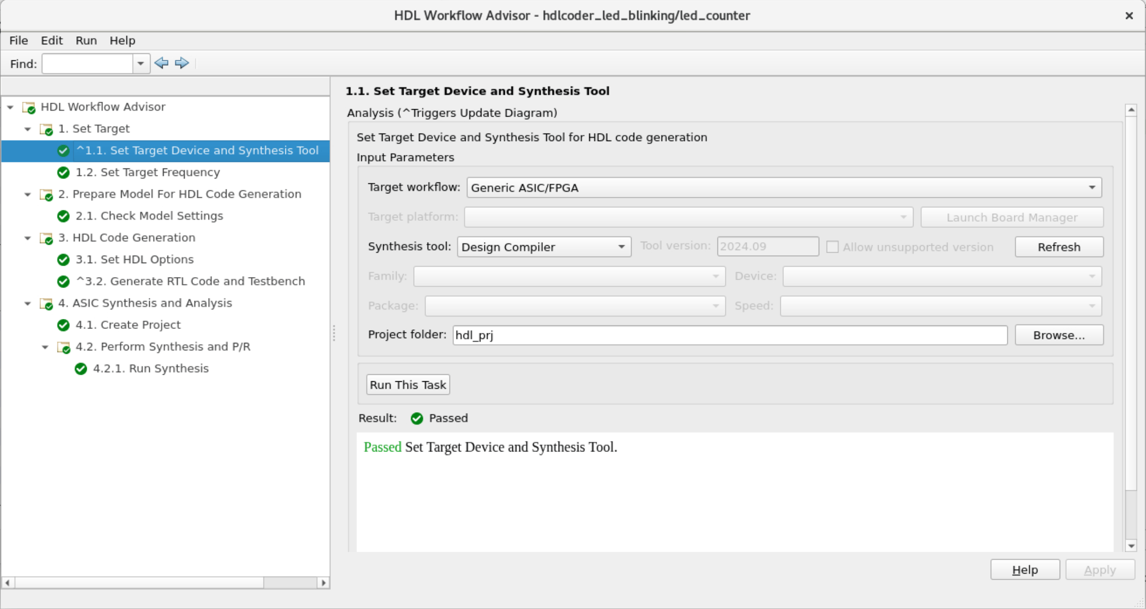 Configuring target device and synthesis tool in HDL Workflow Advisor