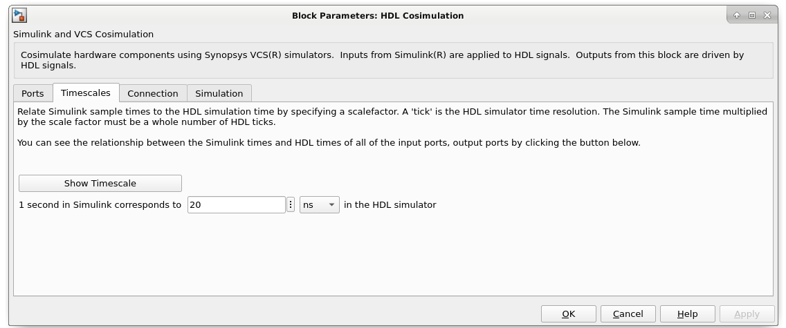 Timescales settings in the Block Parameters dialog box