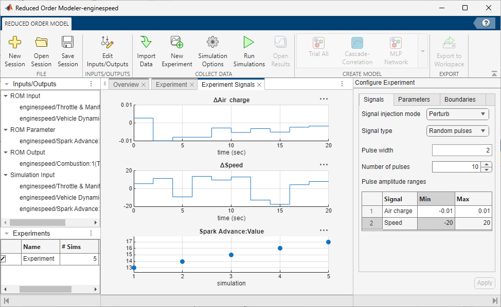 Experiment Signals tab in the Reduced Order Modeler app.