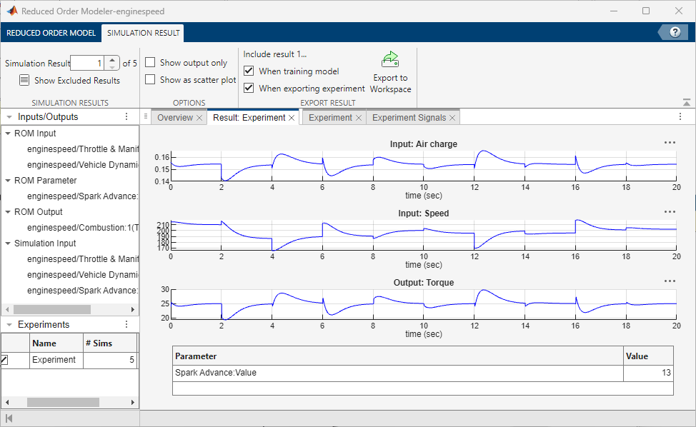 Reduced Order Modeler app showing the simulation results.
