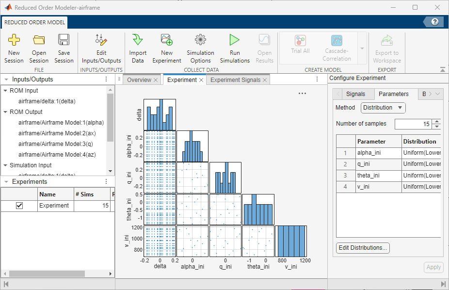 Experiment tab in the Reduced Order Modeler app with the signals and parameters configured.