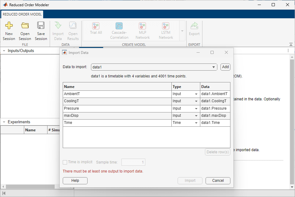 Import Data dialog box opened along with Reduced Order Modeler app showing data1.