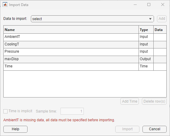 Import Data dialog box with the input and output ports fixed.
