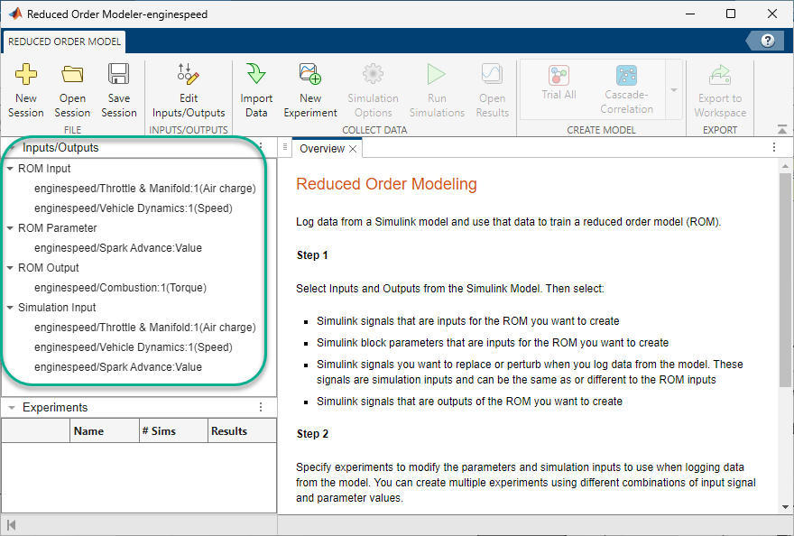 Inputs/Outputs pane in the Reduced Order Modeler app.