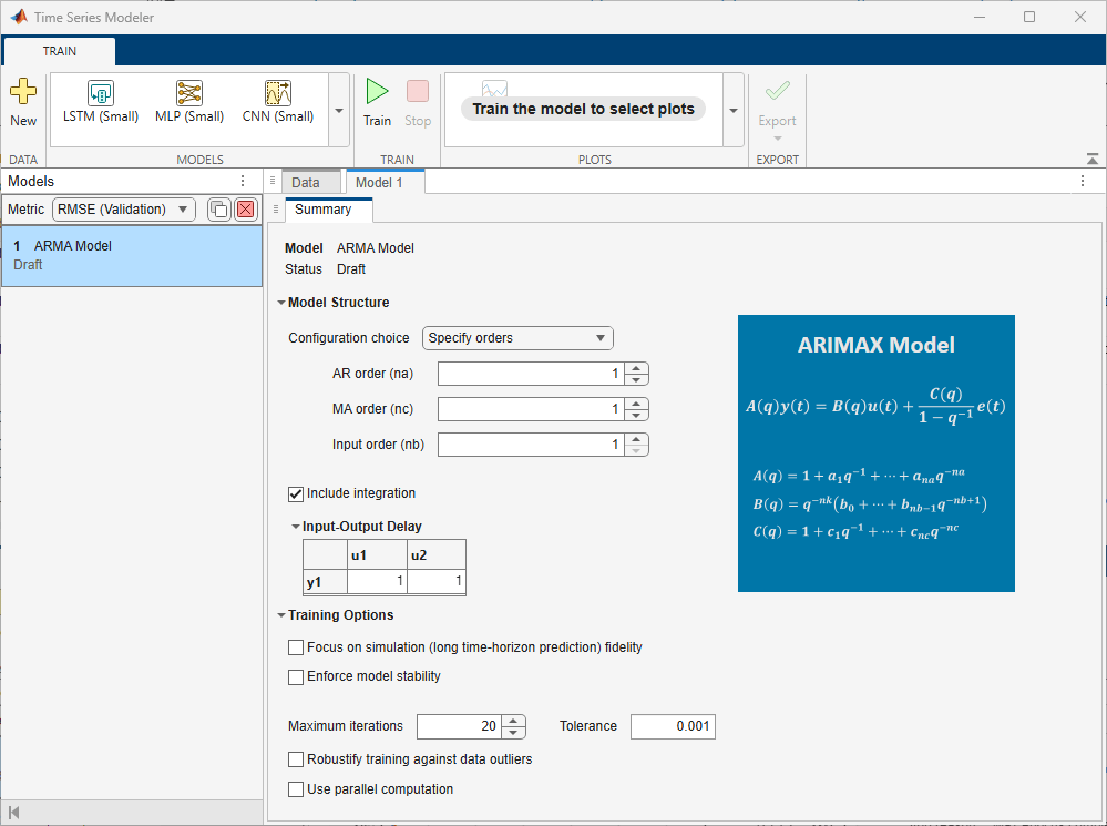 Summary tab in the app showing the model configuration options