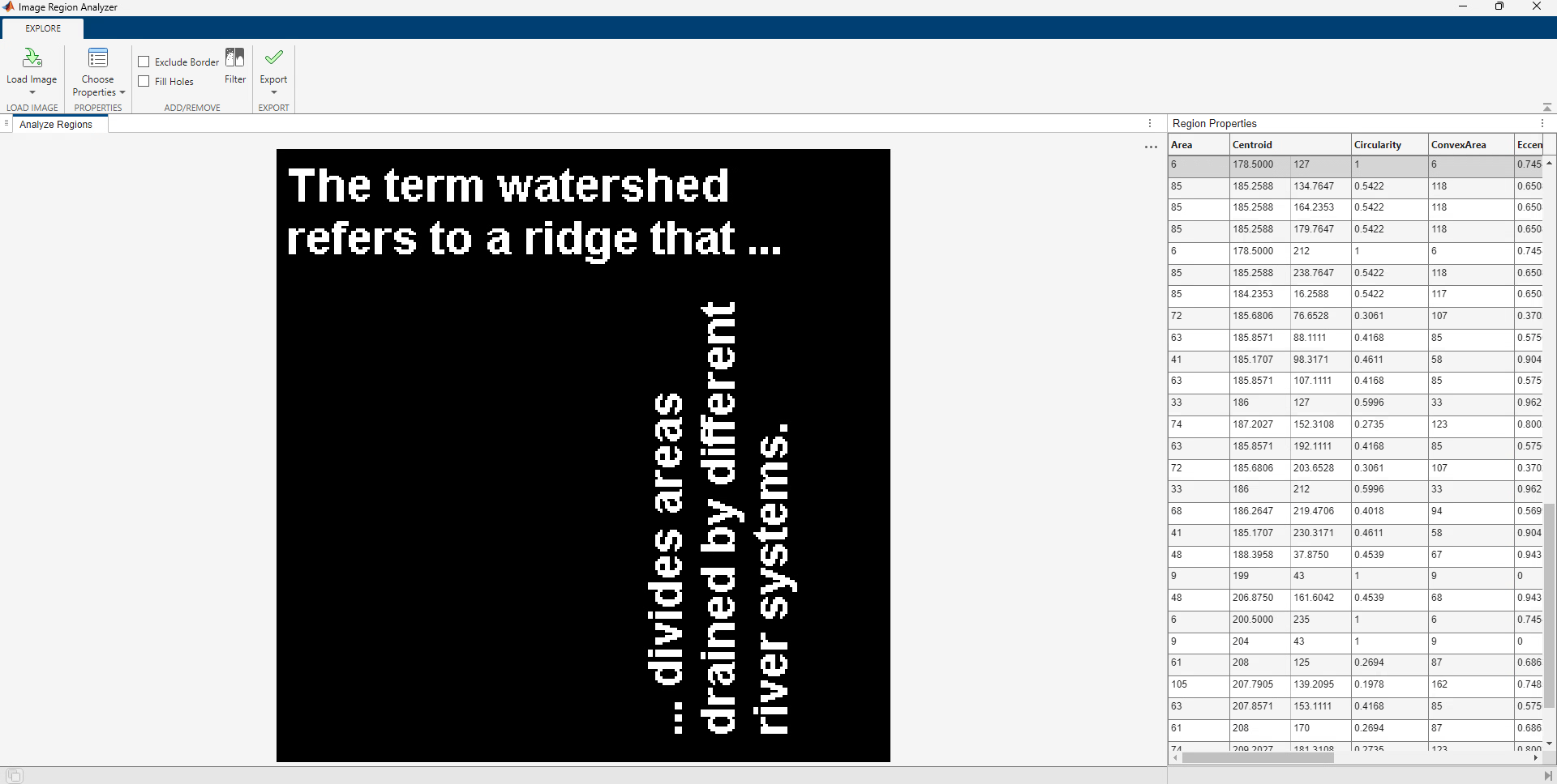 Binary region displayed in the Analyze Regions tab on the right, and a table with region properties on the left.