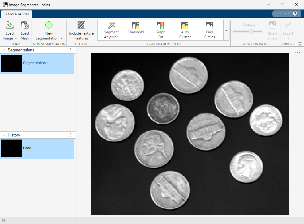 The screenshot shows the image segmenter app, and the user has loaded an image of coins.