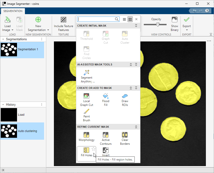 The screenshot shows the drop-down with the Fill Holes option selected from the Refine Mask group.