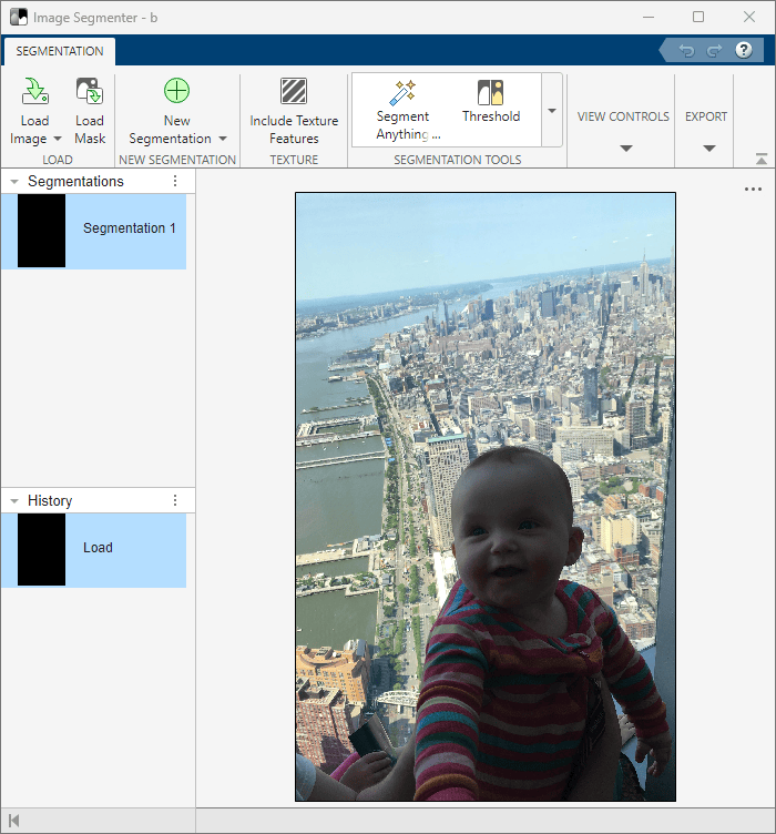 Image Segmenter app loaded with an image of a baby in front of a window overlooking a skyline.