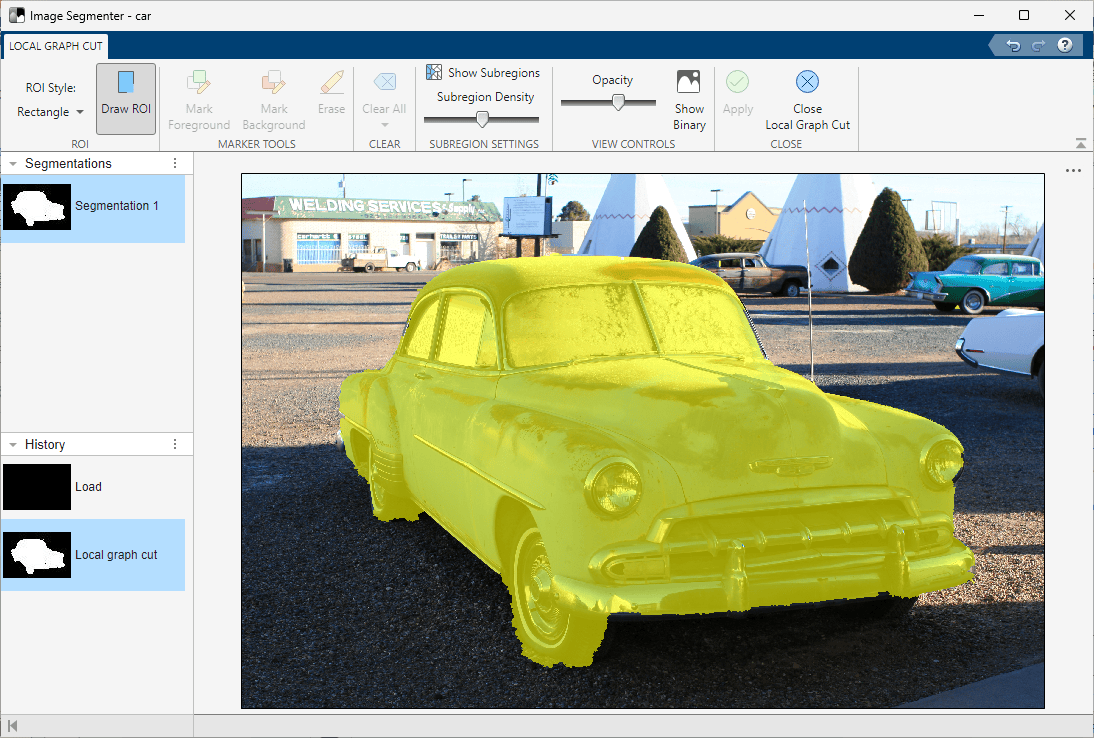 The Local Graph Cut tab is open and the photograph shows the car shaded in yellow.