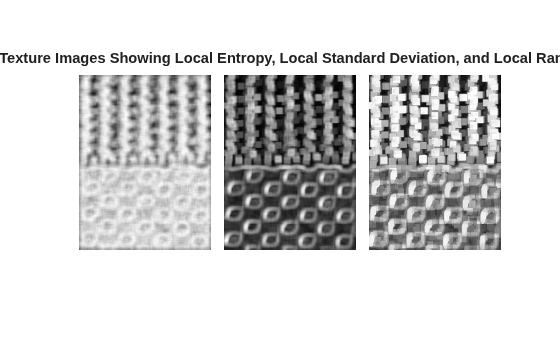 Figure contains an axes object. The hidden axes object with title Texture Images Showing Local Entropy, Local Standard Deviation, and Local Range contains an object of type image.