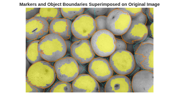 Figure contains an axes object. The hidden axes object with title Markers and Object Boundaries Superimposed on Original Image contains an object of type image.