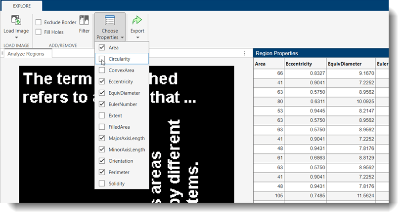 Expanded view of the Choose Properties dropdown menu, with the Circularity property deselected.